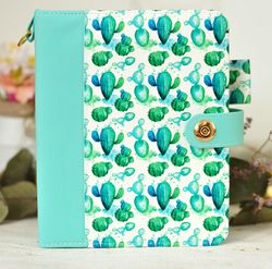 White and turquoise personalized planner binder a6 personal agenda cover handmade notebook vegan PU leather