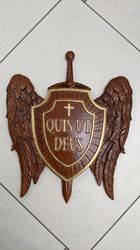Christmas Gift St Michael's Shield. Wood Carved picture, panel. gift for him, gift for mom