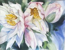 Water Lilies Watercolor Original Art Nenuphar Floral Painting Lotus Artwork