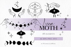 Celestial Luna Moth Vector Clipart With Witch Hands, Sublimation Designs For Instant Download