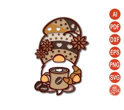 Layered Coffee Gnome SVG for Cricut, Cutting File, Laser Cutter