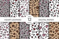 Heart leopard digital paper. Valentines leopard print seamless pattern bundle