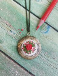 Red Rose locket necklace Personalized rose locket St Valentines gift necklace handmade