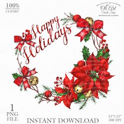 Merry Christmas Wreath Clip Art. Digital Clipart, Hand Drawn Graphics, Digital Download. OliArtStudioShop