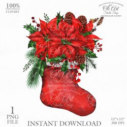 Merry Christmas Digital Clip Art. Christmas Sock, White Poinsettia, Hand Drawn Graphics. OliArtStudioShop