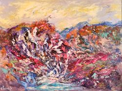 Waterfalls Sunset Trees Mountain Original Art Oil Painting Artist Svinar Oksana