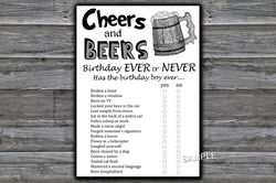 Cheers and beers Birthday ever or never game,Birthday Games for Him, Adult Birthday Games,Printable Birthday Games