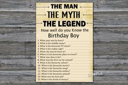 The man The myth The legend How well do you know the birthday boy,Birthday Games for Him,Adult Birthday Games
