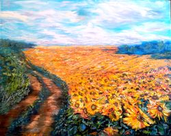 Sunflowers Field Impasto Art Original Oil Painting Large Canvas 32/40 Artist Svinar Oksana