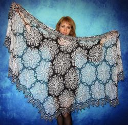 Black and white crochet shawl, Hand knit warm Russian Orenburg shawl, Shoulder wrap, Goat wool stole,Downy cape,Cover up
