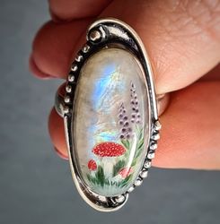 Moonstone ring Stone painting fly agaric Aaa large Moonstone ring