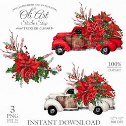 Merry Christmas Truck Digital Clip Art. Poinsettia, Hand Drawn Graphics. OliArtStudioShop