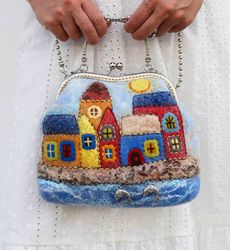 handbag with houses. Purse felt. Ecobag. Gift for her