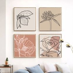 Flower Line Drawing Set Of 4 Prints Printable Art Botanical Line Art Flowers Poster Diy Home Decor Floral Wall Art