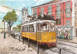 Tram. Lisbon. Portugal. Watercolor drawing. Digital copy. Art Print. Poster.
