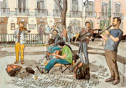 Street musicians. Lisbon. Portugal. Watercolor drawing. Digital copy. Art Print. Poster.
