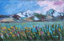 Original Painting Mountains Artwork Oil Painting on Cardboard Meadow Painting Floral impasto Size 8 by 12 by ArtByMila