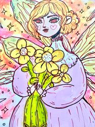 The original postcard fairy holds a bouquet of flowers in her hands.