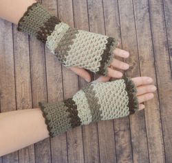 Women's Crochet fingerless gloves Green beige knit arm warmers Cottagecore outfit Lace gloves Knitted mittens