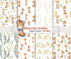 Watercolor giraffes for boy, seamless patterns.