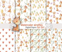 Watercolor giraffes for girl, seamless patterns.