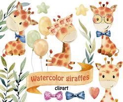Watercolor giraffes clipart.