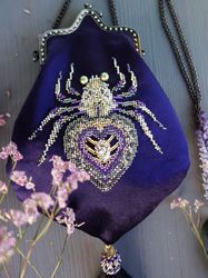 Silver Spider Heart Purple Velvet Mini Bag