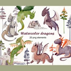Watercolor dragons clipart, png, nursery art.