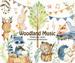 Watercolor woodland animals, clipart, png.