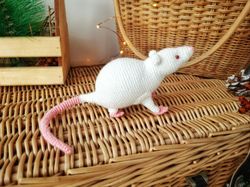 White rat with red eyes toy. Soft toy mouse nature. Little white mouse original gift for kids. Christmas gift miniature