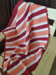 Hand knit baby blanket striped, cotton baby blanket