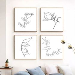 Plants Line Art Botanical Print Set Of 4 Prints Printable Wall Art Leaves Poster Minimalist Home Decor Leaf Line Drawing