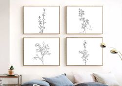 Botanical Line Art Set Of 4 Prints Printable Wall Art Flower Print Plants Poster Minimalist Art Scandi Art Line Drawing