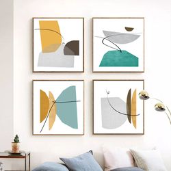 Geometric Print Shapes Art Set Of 4 Prints Digital Download 4 Posters Living Room Wall Art Abstract Painting Scandi Art