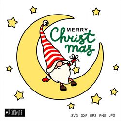 Merry Christmas card Design svg, Gnome on the moon clipart vector