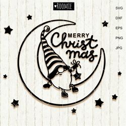 Merry Christmas svg, Christmas Gnome on the moon, Christmas card clipart vector