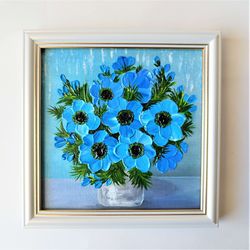Forget-me-nots painting Bouquet original artwork Blue flowers small painting wall decor Flowers impasto painting art