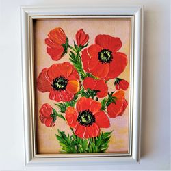 Poppies painting Red poppies original artwork Poppy texture painting Bouquet poppies wall decor Tiny paintings art