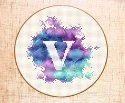 Letter V cross stitch pattern Modern cross stitch Watercolor xstitch Monogram embroidery Initial V Counted cross stitch