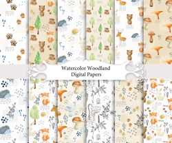 Watercolor woodland animals, seamless patterns.