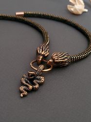 Eagles Necklace, Beads and Bronze Necklace, Bronze Eagles and Snake