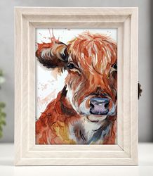 Original watercolor painting  5.3x7.9 inches curley cow animal art by Anne Gorywine