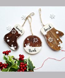 Personalized wood Christmas ornament in gift box Set of 3 handmade ornaments Mitten ornament Christmas sock ornament