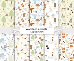 Woodland animals, seamless patterns.