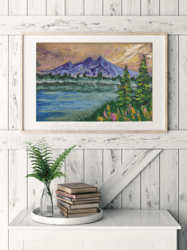 mountain landscape  oil painting  original painting calm lake