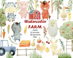 Watercolor farm animals clipart.