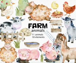 Farm animals, watercolor clipart.