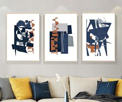 Concept Art Geometric Print Navy Blue Wall Art Abstract Set Of 3 Large Poster Downloadable Prints Modern Triptych