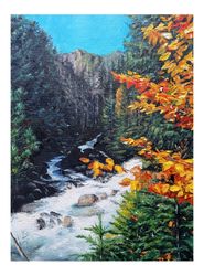 Autumn Mountain Painting Landscape Original Art Colorado Painting Mountain River Wall Art Fall Painting