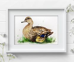 Mallard with ducklings original watercolor 5.3x7.9 inch bird painting art by Anne Gorywine